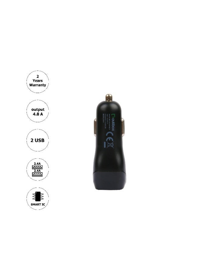 أوت بوكس شاحن سيارة 4.8 أمبير، 2 منفذ USB (2.4 أمبير + 2.4 أمبير) أسود - Image 3